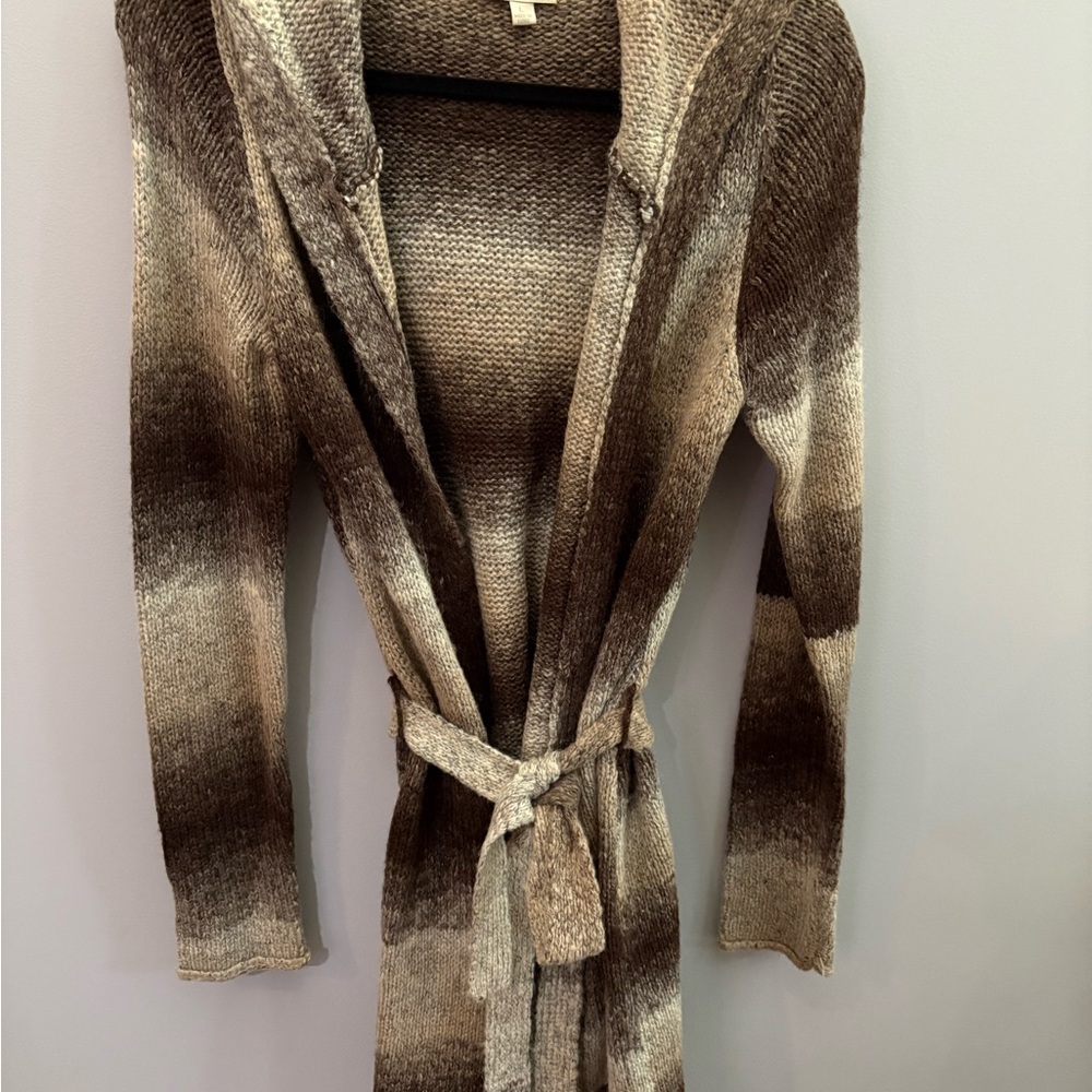 Olive & Oak Brown Tan Cardigan Sweater with Tie Belt and Hoodie in Size L